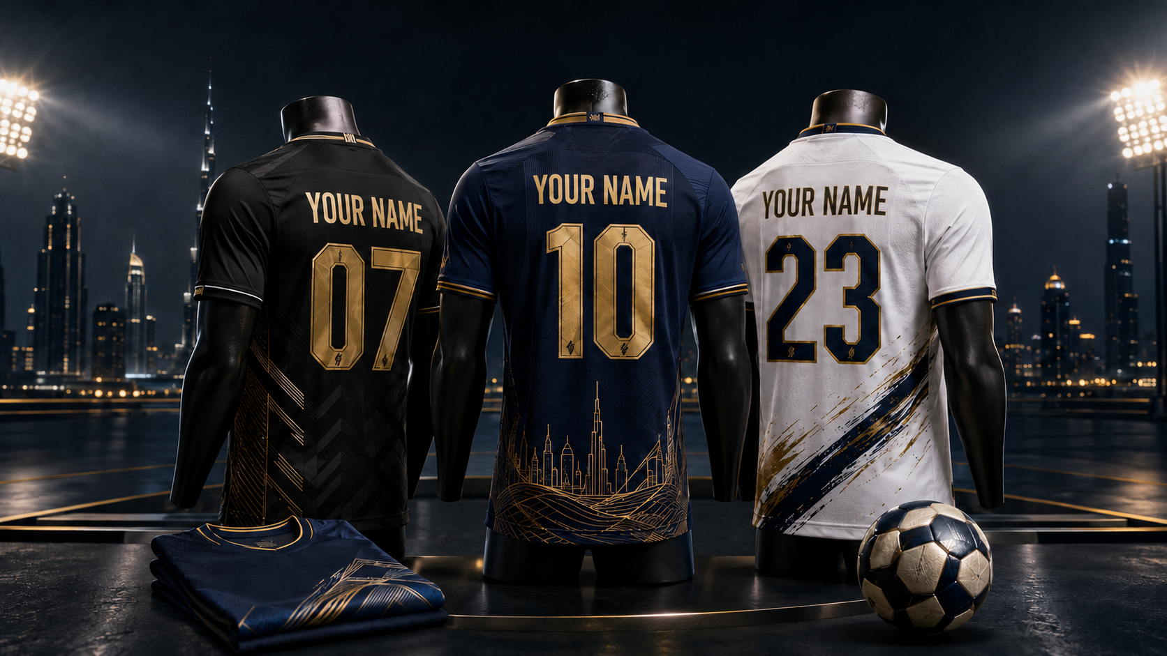 Custom football jerseys with printed names and numbers in Dubai